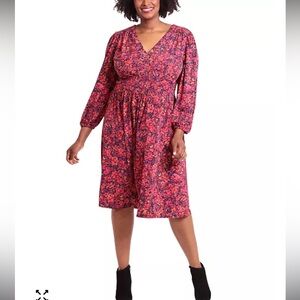 London Times Pink Floral V-Neck Long Sleeve Dress
